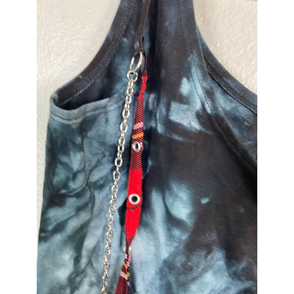 Soye Tie Dye Tank Top Size Medium Red Plaid Chain Accents Grunge Goth Punk Emo - Picture 11 of 16